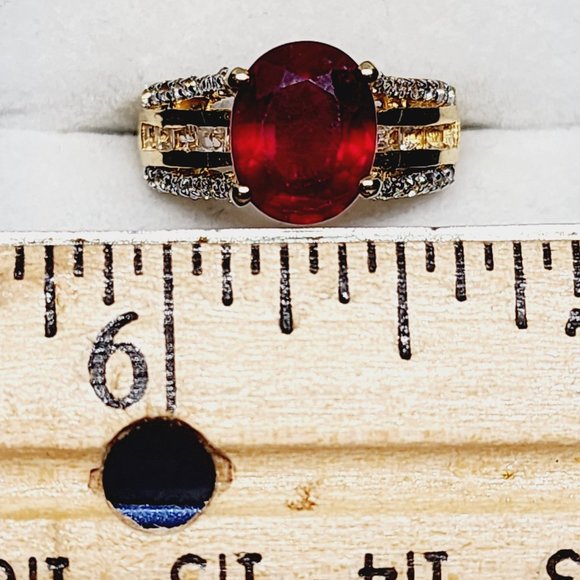 Ruby & White Topaz bridge ring in 14K Yellow Gold over 925 SS4.75 cts sz 5 - Picture 2 of 6